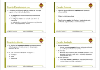Prof. Ângela M.F. Danilevicz, Dr. Gestão da Qualidade de Obras
Função Planejamento (cont.)
• A configuração (elementos que irão compor) do SGQ deve
respeitar três princípios da Qualidade:
• Ser distintiva: deve preservar a diferenciação estratégica
pretendida.
• Ser endógena: o SQ deve ser tarefa de todos dentro da
organização.
• Ser sistêmica: deve integrar os diversos elementos de gestão
para se alcançar a estratégia definida.
29 Prof. Ângela M.F. Danilevicz, Dr. Gestão da Qualidade de Obras
Função Controle
• Preocupa-se com o aumento da eficiência de elementos
críticos do SGQ
• A lógica de melhoria contínua
• Trabalha sob os gargalos identificados na função planejamento,
identificando os pontos críticos a serem monitorados.
30
Prof. Ângela M.F. Danilevicz, Dr. Gestão da Qualidade de Obras
Função Avaliação
• Ela se refere ao sistema de critérios (metas e indicadores)
utilizados para avaliar o desempenho dos principais
elementos do SGQ
• Ela pode ocorrer nos três níveis da empresa:
• Estratégico
• Tático
• Operacional
31 Prof. Ângela M.F. Danilevicz, Dr. Gestão da Qualidade de Obras
Função Avaliação
• No nível estratégico
• Deve ser medida a eficácia dos Sistema de Gestão, verificando
se as ações planejadas foram cumpridas.
• No nível tático
• A avaliação deve ser realizada sobre as unidades da empresa e seus
processos, monitorando se estão dando a contribuição esperada para
atingir o resultado global.
• No nível operacional
• Ocorre sobre as tarefas e pessoas, e de como estão contribuindo (ou
não) para alcançar a estratégia organizacional.
32
 