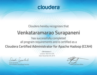 Venkataramarao Surapaneni
Cloudera Certified Administrator for Apache Hadoop (CCAH)
CDH Version: 5
License: 100-014-576
Date: November 09, 2015
 