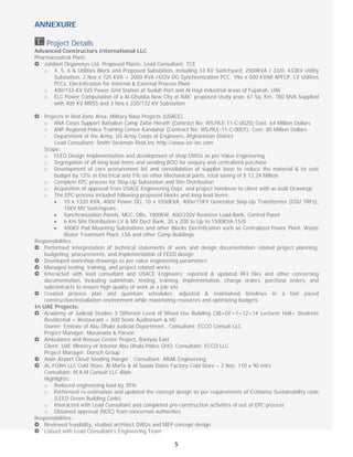  
5
ANNEXURE 
 
Project Details
Advanced Constructors International LLC
Pharmaceutical Plant:
Jubilant Organosys Ltd. Proposed Plants: Lead Consultant: TCE
o 4, 5, 6 & Utilities Block and Proposed Substation, including 33 KV Switchyard, 2500KVA / 33/0, 433KV Utility
Substation, 2 Nos x 725 KVA + 2000 KVA /433V DG Synchronization PCC, 1No x 500 KVAR APFCP, LV Utilities
PCCs, Electrification for Internal & External Process Plant
o 400/132-KV GIS Power Grid Station at Sudah Port and Al Hayl industrial areas of Fujairah, UAE
o ELC Power Computation of a Al-Ghubba New City at RAK; proposed study area: 67 Sq. Km, 780 MVA Supplied
with 400 KV MRSS and 3 Nos x 220/132 KV Substation
Projects in Red Zone Area: Military Base Projects (USACE),
o ANA Corps Support Battalion Camp Zafar Herath (Contract No: W5J9LE-11-C-0020);Cost: 64 Million Dollars
o ANP Regional Police Training Center Kandahar (Contract No: W5J9LE-11-C-0001); Cost: 80 Million Dollars
- Department of the Army, US Army Corps of Engineers, Afghanistan District
Lead Consultant: Smith Seckman Reid,Inc http://www.ssr-inc.com
Scope:
o FEED Design Implementation and development of shop DWGs as per Value Engineering
o Segregation of all long lead items and sending BOQ for enquiry and centralized purchase
o Development of core procurement list and consolidation of supplier base to reduce the material & its cost
budget by 12% in Electrical and 5% on other Mechanical parts, total saving of $ 12.24 Million
o Complete EPC process for Step-Up Substation and Site Distribution
o Acquisition of approval from USACE Engineering Dept. and project handover to client with as built Drawings
o The EPC process included following proposed blocks and long lead items:
• 10 x 1320 KVA, 400V Power DG, 10 x 1500KVA, 400v/15KV Generator Step-Up Transformer (GSU TRFs),
15KV MV Switchgears
• Synchronization Panels, MCC, DBs, 1000KW, 400/230V Resistive Load Bank, Control Panel
• 6 Km Site Distribution LV & MV Duct Bank, 20 x 200 to Up to 1500KVA-15/0
• 400KV Pad Mounting Substations and other Blocks Electrification such as Centralized Power Plant, Waste
Water Treatment Plant, LSA and other Camp Buildings
Responsibilities:
Performed interpretation of technical statements of work and design documentation related project planning,
budgeting, procurements, and implementation of FEED design
Developed workshop drawings as per value engineering parameters
Managed testing, training, and project related works
Interacted with lead consultant and USACE Engineers; reported & updated RFI files and other concerning
documentation, including submittals, testing, training, implementation, change orders, purchase orders, and
subcontracts to ensure high quality of work at a job site
Created process plan and quantum schedules; adjusted & maintained timelines in a fast paced
construction/installation environment while maximizing resources and optimizing budgets
In UAE Projects:
Academy of Judicial Studies 3 Different Level of Mixed Use Building (3B+GF+1+12+14 Lecturer Hall+ Students
Residential + Restaurant + 500 Seats Auditorium & HC
Owner: Emirate of Abu Dhabi Judicial Department , Consultant: ECCO Consult LLC
Project Manager: Musanada & Parson
Ambulance and Rescue Center Project, Baniyas East
Client: UAE Ministry of Interior Abu Dhabi Police GHQ, Consultant: ECCO LLC
Project Manager: Dorsch Group
Alain Airport Cloud Seeding Hanger , Consultant: ARAK Engineering
AL-FOAH LLC Cold Store, Al Marfa & Al Saada Dates Factory Cold Store – 2 Nos. 110 x 90 mtrs
Consultant: M.A.M Consult LLC Alain
Highlights:
o Reduced engineering load by 35%
o Performed re-estimation and updated the concept design as per requirements of Estidama Sustainability code
(LEED Green Building Code)
o Interacted with Lead Consultant and completed pre-construction activities of out of EPC process
o Obtained approval (NOC) from concerned authorities
Responsibilities:
Reviewed feasibility, studied architect DWGs and MEP concept design
Liaised with Lead Consultant’s Engineering Team
 