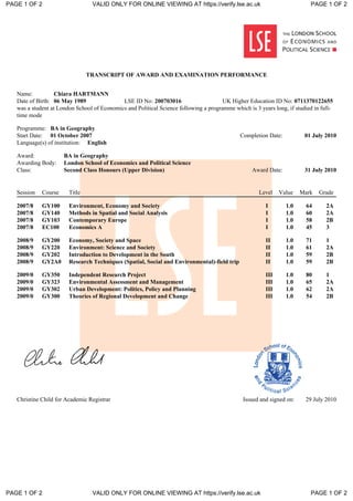 TRANSCRIPT OF AWARD AND EXAMINATION PERFORMANCE
Name: Chiara HARTMANN
Date of Birth: 06 May 1989 LSE ID No: 200703016 UK Higher Education ID No: 0711370122655
was a student at London School of Economics and Political Science following a programme which is 3 years long, if studied in full-
time mode
Programme: BA in Geography
Start Date: 01 October 2007 Completion Date: 01 July 2010
Language(s) of institution: English
Award: BA in Geography
Awarding Body: London School of Economics and Political Science
Class: Second Class Honours (Upper Division) Award Date: 31 July 2010
Session Course Title Level Value Mark Grade
2007/8 GY100 Environment, Economy and Society I 1.0 64 2A
2007/8 GY140 Methods in Spatial and Social Analysis I 1.0 60 2A
2007/8 GY103 Contemporary Europe I 1.0 58 2B
2007/8 EC100 Economics A I 1.0 45 3
2008/9 GY200 Economy, Society and Space II 1.0 71 1
2008/9 GY220 Environment: Science and Society II 1.0 61 2A
2008/9 GY202 Introduction to Development in the South II 1.0 59 2B
2008/9 GY2A0 Research Techniques (Spatial, Social and Environmental)-field trip II 1.0 59 2B
2009/0 GY350 Independent Research Project III 1.0 80 1
2009/0 GY323 Environmental Assessment and Management III 1.0 65 2A
2009/0 GY302 Urban Development: Politics, Policy and Planning III 1.0 62 2A
2009/0 GY300 Theories of Regional Development and Change III 1.0 54 2B
Christine Child for Academic Registrar Issued and signed on: 29 July 2010
PAGE 1 OF 2 VALID ONLY FOR ONLINE VIEWING AT https://verify.lse.ac.uk PAGE 1 OF 2
PAGE 1 OF 2 VALID ONLY FOR ONLINE VIEWING AT https://verify.lse.ac.uk PAGE 1 OF 2
 