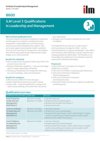 Institute of Leadership & Management
www.i-l-m.com
Who are these qualiﬁcations for?
The Level 3 Award, Certiﬁcate and Diploma in Leadership
and Management are ideal for individuals who have
management responsibilities but no formal training,
and are serious about developing their abilities. They
particularly support practising team leaders seeking to
move up to the next level of management, and managers
who need to lead people though organisational change,
budget cuts or other pressures.
Beneﬁts for individuals
▶ Gain a range of key management skills and put them into
practice in your own role
▶ Build your leadership capabilities – motivate and engage
teams, manage relationships conﬁdently
▶ Develop your leadership and management skills using
your own knowledge, values and motivations.
Beneﬁts for employers
▶ Effective and conﬁdent ﬁrst-line managers
▶ Better relationships and communication in teams
▶ Proven skills – to get this qualiﬁcation, managers will
need to show that they can transfer their new skills to
your organisation
▶ Managers with the tools to develop their own skills
and abilities.
The qualiﬁcations are made up of a wide range of
units covering core management skills – such as
understanding how to organise and delegate – plus skills in
communication, team leadership, change, innovation and
managing people and relationships. This ﬂexibility in unit
choice allows the qualiﬁcation to be tailored to meet the
needs of the individual and employer.
Progression
Successful learners can progress to a range of
qualiﬁcations including:
▶ ILM Level 3 Certiﬁcate in Coaching and/or Mentoring
▶ ILM Level 3 Certiﬁcate or Diploma in
Facilities Management
▶ ILM Level 3 Certiﬁcate in Enterprise
and Entrepreneurship
▶ ILM Level 4 Award, Certiﬁcate or Diploma in Leadership
and Management.
Qualiﬁcation overview
Qualiﬁcation title and number Credit value Structure
Level 3 Award in
Leadership and
Management
600/5934/5
Minimum 4 credits
Maximum 12 credits
▶ One hour induction
▶ At least two hours tutorial support
▶ All units must be taken from Group 1*
▶ Minimum two units
Level 3 Certiﬁcate
in Leadership and
Management
600/5961/8
Minimum 13 credits
Maximum 36 credits
▶ Two hour induction
▶ At least four hours tutorial support
▶ Choice of units from Groups 1 and 2, where Group 1 contains
Level 3 units and Group 2 contains units at Levels 2 and 4*
▶ Maximum of 6 credits from Group 2
Level 3 Diploma
in Leadership and
Management
600/5964/3
Minimum 37 credits ▶ Two hour induction
▶ At least seven hours tutorial support
▶ Choice of units from Groups 1 and 2, where Group 1 contains
Level 3 units and Group 2 contains units at Levels 2 and 4*
▶ Maximum of 18 credits from Group 2
* Refer to table overleaf for unit details
ILM Level 3 Qualiﬁcations
in Leadership and Management
8600/ILML3QLM/V3/0514 MKD/QC3/021 125005253
8600
 
