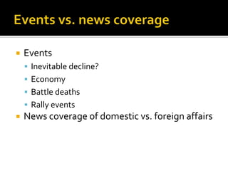    Events
     Inevitable decline?
     Economy
     Battle deaths
     Rally events
   News coverage of domestic vs. foreign affairs
 