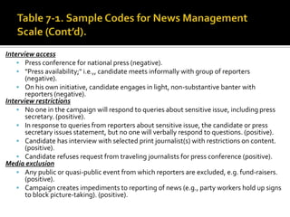 Interview access
     Press conference for national press (negative).
     "Press availability;" i.e.,, candidate meets informally with group of reporters
       (negative).
     On his own initiative, candidate engages in light, non-substantive banter with
       reporters (negative).
Interview restrictions
     No one in the campaign will respond to queries about sensitive issue, including press
       secretary. (positive).
     In response to queries from reporters about sensitive issue, the candidate or press
       secretary issues statement, but no one will verbally respond to questions. (positive).
     Candidate has interview with selected print journalist(s) with restrictions on content.
       (positive).
     Candidate refuses request from traveling journalists for press conference (positive).
Media exclusion
     Any public or quasi-public event from which reporters are excluded, e.g. fund-raisers.
       (positive).
     Campaign creates impediments to reporting of news (e.g., party workers hold up signs
       to block picture-taking). (positive).
 