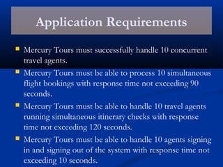 Application Requirements
 Mercury Tours must successfully handle 10 concurrent
travel agents.
 Mercury Tours must be able to process 10 simultaneous
flight bookings with response time not exceeding 90
seconds.
 Mercury Tours must be able to handle 10 travel agents
running simultaneous itinerary checks with response
time not exceeding 120 seconds.
 Mercury Tours must be able to handle 10 agents signing
in and signing out of the system with response time not
exceeding 10 seconds.
 