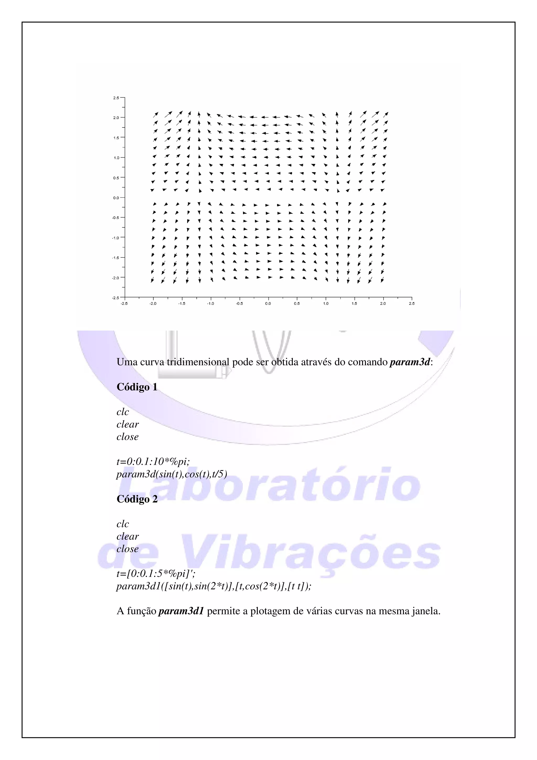 Uma curva tridimensional pode ser obtida através do comando param3d:

Código 1

clc
clear
close

t=0:0.1:10*%pi;
param3d(sin(t),cos(t),t/5)

Código 2

clc
clear
close

t=[0:0.1:5*%pi]';
param3d1([sin(t),sin(2*t)],[t,cos(2*t)],[t t]);

A função param3d1 permite a plotagem de várias curvas na mesma janela.
 
