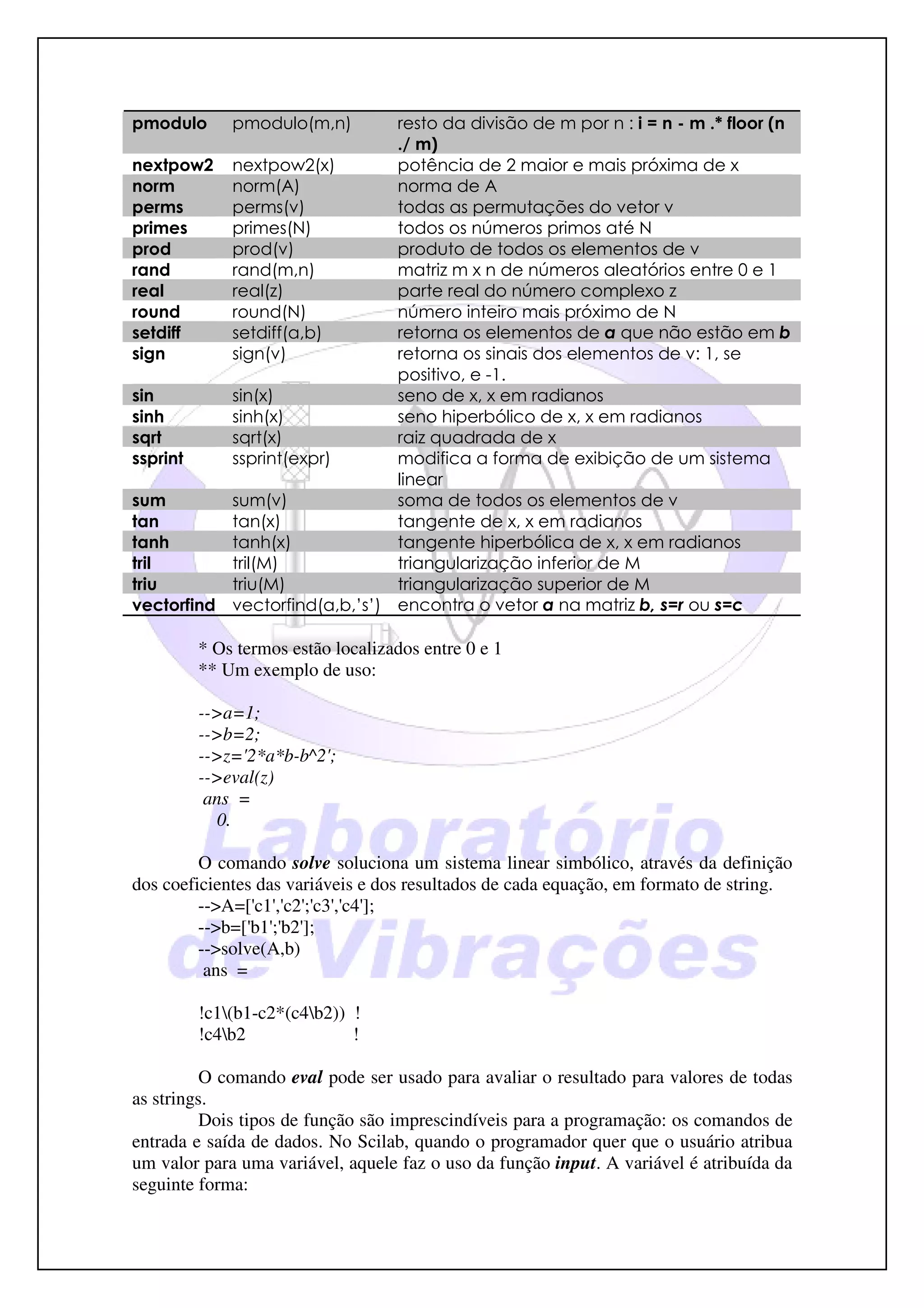 pmodulo      pmodulo(m,n)      resto da divisão de m por n : i = n - m .* floor (n
                               ./ m)
nextpow2 nextpow2(x)           potência de 2 maior e mais próxima de x
norm       norm(A)             norma de A
perms      perms(v)            todas as permutações do vetor v
primes     primes(N)           todos os números primos até N
prod       prod(v)             produto de todos os elementos de v
rand       rand(m,n)           matriz m x n de números aleatórios entre 0 e 1
real       real(z)             parte real do número complexo z
round      round(N)            número inteiro mais próximo de N
setdiff    setdiff(a,b)        retorna os elementos de a que não estão em b
sign       sign(v)             retorna os sinais dos elementos de v: 1, se
                               positivo, e -1.
sin        sin(x)              seno de x, x em radianos
sinh       sinh(x)             seno hiperbólico de x, x em radianos
sqrt       sqrt(x)             raiz quadrada de x
ssprint    ssprint(expr)       modifica a forma de exibição de um sistema
                               linear
sum        sum(v)              soma de todos os elementos de v
tan        tan(x)              tangente de x, x em radianos
tanh       tanh(x)             tangente hiperbólica de x, x em radianos
tril       tril(M)             triangularização inferior de M
triu       triu(M)             triangularização superior de M
vectorfind vectorfind(a,b,’s’) encontra o vetor a na matriz b, s=r ou s=c

        * Os termos estão localizados entre 0 e 1
        ** Um exemplo de uso:

        -->a=1;
        -->b=2;
        -->z='2*a*b-b^2';
        -->eval(z)
         ans =
           0.

         O comando solve soluciona um sistema linear simbólico, através da definição
dos coeficientes das variáveis e dos resultados de cada equação, em formato de string.
         -->A=['c1','c2';'c3','c4'];
         -->b=['b1';'b2'];
         -->solve(A,b)
          ans =

        !c1(b1-c2*(c4b2)) !
        !c4b2              !

          O comando eval pode ser usado para avaliar o resultado para valores de todas
as strings.
          Dois tipos de função são imprescindíveis para a programação: os comandos de
entrada e saída de dados. No Scilab, quando o programador quer que o usuário atribua
um valor para uma variável, aquele faz o uso da função input. A variável é atribuída da
seguinte forma:
 