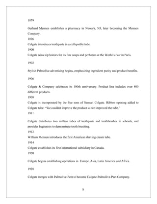1879

Gerhard Mennen establishes a pharmacy in Newark, NJ, later becoming the Mennen
Company.
1896
Colgate introduces toothpaste in a collapsible tube.
1900
Colgate wins top honors for its fine soaps and perfumes at the World’s Fair in Paris.

1902

Stylish Palmolive advertising begins, emphasizing ingredient purity and product benefits.

1906

Colgate & Company celebrates its 100th anniversary. Product line includes over 800
different products.
1908
Colgate is incorporated by the five sons of Samuel Colgate. Ribbon opening added to
Colgate tube: “We couldn't improve the product so we improved the tube.”
1911

Colgate distributes two million tubes of toothpaste and toothbrushes to schools, and
provides hygienists to demonstrate tooth brushing.
1912
William Mennen introduces the first American shaving cream tube.
1914
Colgate establishes its first international subsidiary in Canada.
1920

Colgate begins establishing operations in Europe, Asia, Latin America and Africa.

1928

Colgate merges with Palmolive-Peet to become Colgate-Palmolive-Peet Company.



                                              8
 