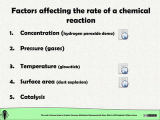 Factors affecting the rate of a chemical
                reaction
1.   Concentration (hydrogen peroxide demo)

2. Pressure...
