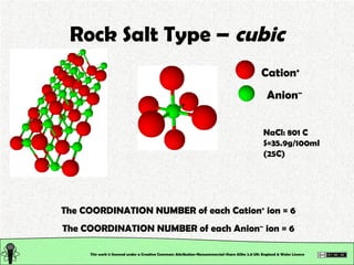 Rock Salt Type –  cubic This work is licensed under a Creative Commons Attribution-Noncommercial-Share Alike 2.0 UK: England & Wales License   Cation + Anion – The COORDINATION NUMBER of each Cation +  ion = 6 The COORDINATION NUMBER of each Anion –  ion = 6 NaCl: 801 C S=35.9g/100ml (25C) 