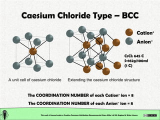 Caesium Chloride Type – BCC This work is licensed under a Creative Commons Attribution-Noncommercial-Share Alike 2.0 UK: England & Wales License   Cation + Anion – The COORDINATION NUMBER of each Cation +  ion = 8 The COORDINATION NUMBER of each Anion –  ion = 8 CsCl: 645 C S=162g/100ml (1 C) A unit cell of caesium chloride Extending the caesium chloride structure 