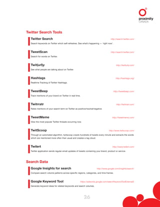 26
Twitter Search Tools
Twitter Search  http://search.twitter.com/
Search keywords on Twitter which self-refreshes. See what’s happening — ‘right now’.
TweetScan  http://search.twitter.com/
Search for words on Twitter.
Twit(url)y  http://twitturly.com/
See what people are talking about on Twitter.
Hashtags  http://hashtags.org/
Realtime Tracking of Twitter Hashtags.
TweetBeep  http://tweetbeep.com/
Track mentions of your brand on Twitter in real time.
Twitrratr  http://twitrratr.com/
Rates mentions of your search term on Twitter as positive/neutral/negative.
TweetMeme  http://tweetmeme.com/
View the most popular Twitter threads occurring now.
TwitScoop  http://www.twitscoop.com/
Through an automated algorithm, twitscoop crawls hundreds of tweets every minute and extracts the words
which are mentioned more often than usual and creates a tag cloud.
Twilert  http://www.twilert.com/
Twitter application sends regular email updates of tweets containing your brand, product or service.
Search Data
Google Insights for search  http://www.google.com/insights/search/
Compare search volume patterns across specific regions, categories, and time frames.
Google Keyword Tool  https://adwords.google.com/select/KeywordToolExternalS
Generate keyword ideas for related keywords and search volumes.
 