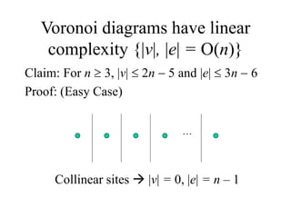 Voronoi diagrams have linear
complexity {|v|, |e| = O(n)}
Claim: For n  3, |v|  2n  5 and |e|  3n  6
Proof: (Easy Case)
…
Collinear sites  |v| = 0, |e| = n – 1
 