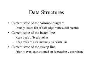 Data Structures
• Current state of the Voronoi diagram
– Doubly linked list of half-edge, vertex, cell records
• Current state of the beach line
– Keep track of break points
– Keep track of arcs currently on beach line
• Current state of the sweep line
– Priority event queue sorted on decreasing y-coordinate
 