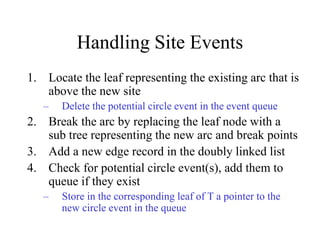 Handling Site Events
1. Locate the leaf representing the existing arc that is
above the new site
– Delete the potential circle event in the event queue
2. Break the arc by replacing the leaf node with a
sub tree representing the new arc and break points
3. Add a new edge record in the doubly linked list
4. Check for potential circle event(s), add them to
queue if they exist
– Store in the corresponding leaf of T a pointer to the
new circle event in the queue
 