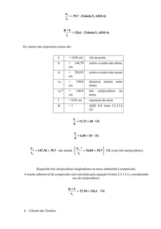 6)AISE5,(Tabela7,39
t
w
f
c
<
6)AISE5,(Tabela1,126<
r
L×K
y
Os valores das expressões acima são:
L = 1650 cm vão da ponte
b = 140,79
cm
centro a centro das almas
d = 250,95
cm
centro a centro das mesas
wc = 140,0
cm
distancia interna entre
almas
wc* = 140/4
cm
três enrijecedores na
mesa
t = 0,95 cm espessura da mesa
K = 1 AISE 6/9. Item 2.2.13.2
(2)
6072,11
b
L
<= OK
18<58,6=
d
L
OK
7,3936,147
t
w
f
c
>= não atende ⎟⎟
⎠
⎞
⎜⎜
⎝
⎛
<= 7,3984,36
t
*w
f
c
OK (com três enrijecedores)
Requerido três enrijecedores longitudinais na mesa submetida à compressão.
A tensão admissível de compressão será calculada pela equação 6 (item 2.2.13.1), considerando
uso de enrijecedores.
1,12618,27
r
LK
y
<=
×
OK
6. Cálculo das Tensões:
 