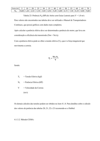 Guia (m) 5 10 20 25 30 35 40 45 50 55 60 65 70
Ng 0,60 1,26 2,52 3,18 3,84 4,56 5,28 6,00 6,72 7,38 8,10 8,88 9,60
Tabela 23: Potência Ng (HP) de Atrito com Guias Laterais para V = 1,0 m/s
Para valores não encontrados nas tabelas deve ser utilizado o Manual de Transportadores
Contínuos, que possui gráficos com dados mais completos.
Após calcular a potência efetiva deve ser determinada a potência do motor, que leva em
consideração a eficiência da transmissão (Nm = Ne/η).
Com a potência efetiva pode-se obter a tensão efetiva (Te), que é a força tangencial que
movimenta a correia.
V
N75
T e
e
×
=
Sendo:
Te = Tensão Efetiva (kgf)
Ne = Potência Efetiva (HP)
V = Velocidade da Correia
(m/s)
Os demais cálculos das tensões podem ser obtidos no item 4.1.4. Para detalhes sobre o cálculo
dos valores de potência das tabelas 20, 21, 22 e 23 recomenda-se o Dubbel.
4.1.3.2. Método CEMA:
 