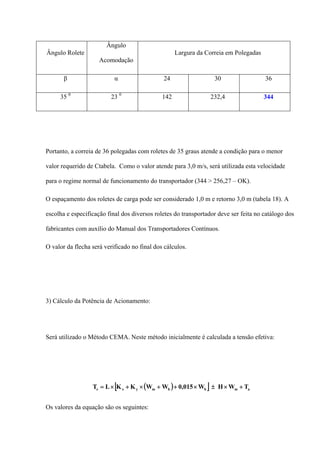 Ângulo Rolete
Ângulo
Acomodação
Largura da Correia em Polegadas
β α 24 30 36
35 0
23 0
142 232,4 344
Portanto, a correia de 36 polegadas com roletes de 35 graus atende a condição para o menor
valor requerido de Ctabela. Como o valor atende para 3,0 m/s, será utilizada esta velocidade
para o regime normal de funcionamento do transportador (344 > 256,27 – OK).
O espaçamento dos roletes de carga pode ser considerado 1,0 m e retorno 3,0 m (tabela 18). A
escolha e especificação final dos diversos roletes do transportador deve ser feita no catálogo dos
fabricantes com auxílio do Manual dos Transportadores Contínuos.
O valor da flecha será verificado no final dos cálculos.
3) Cálculo da Potência de Acionamento:
Será utilizado o Método CEMA. Neste método inicialmente é calculada a tensão efetiva:
( )[ ] ambbmyxe TWHW015,0WWKKLT +×±×++×+×=
Os valores da equação são os seguintes:
 