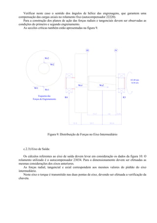 Verificar neste caso o sentido dos ângulos de hélice das engrenagens, que garantem uma
compensação das cargas axiais no rolamento fixo (autocompensador 22220).
Para a construção dos planos de ação das forças radiais e tangenciais devem ser observadas as
condições do primeiro e segundo engrenamento.
As seccões críticas também estão apresentadas na figura 9.
R4 R3
Wa1 Wa2
Wr1
Wt1
III IV
Wr2
Wt2
161,80 rpm
16,94 rd/s
Forças de Engrenamento
Esquema das
Figura 9: Distribuição de Forças no Eixo Intermediário
c.2.3) Eixo de Saída:
Os cálculos referentes ao eixo de saída devem levar em consideração os dados da figura 10. O
rolamento utilizado é o autocompensador 23034. Para o dimensionamento devem ser efetuadas as
mesmas considerações dos eixos anteriores.
As forças radial, tangencial e axial correspondem aos mesmos valores do pinhão do eixo
intermediário.
Neste eixo o torque é transmitido nas duas pontas de eixo, devendo ser efetuada a verificação da
chaveta.
 