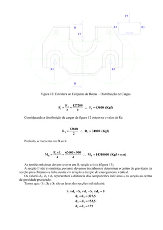 F3
R3 R3
B
B
R3 R3
F3
Figura 12: Estrutura do Conjunto de Rodas – Distribuição de Cargas
(Kgf)63600F
2
127200
2
R
F 3
1
3 =∴==
Considerando a distribuição de cargas da figura 12 obtem-se o valor de R3:
(Kgf)31800R
2
63600
R 33 =∴=
Portanto, o momento em B será:
mm)(Kgf14310000M
4
90063600
4
LF
M B
3
B ×=∴
×
=
×
=
As tensões máximas devem ocorrer em B, secção crítica (figura 13).
A secção B não é simétrica, portanto devemos inicialmente determinar o centro de gravidade da
secção para obtermos a linha neutra em relação a direção do carregamento vertical.
Os valores d1, d2 e d3 representam a distância dos componentes individuais da secção ao centro
de gravidade procurado:
Temos que: (S1, S2 e S3 são as áreas das secções individuais):
0dSdSdS 332211 =×−×−×
175dd
5,152dd
5,327dd
21
23
21
=+
=−
=+
 