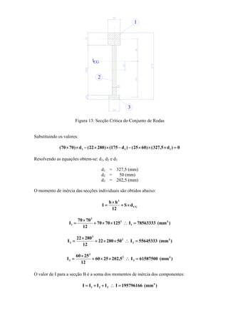 1
3
2
CGL
Figura 13: Secção Crítica do Conjunto de Rodas
Substituindo os valores:
0)d5,327()6025()d175()28022(d)7070( 111 =×××−−××−××
Resolvendo as equações obtem-se: d1, d2 e d3
d1 = 327,5 (mm)
d2 = 50 (mm)
d3 = 202,5 (mm)
O momento de inércia das secções individuais são obtidos abaixo:
CG
3
dS
12
hb
I ×+
×
=
)(mm78563333I1257070
12
7070
I 4
1
2
3
1 =∴××+
×
=
)(mm55645333I5028022
12
28022
I 4
2
2
3
2 =∴××+
×
=
)(mm61587500I5,2022560
12
2560
I 4
3
2
3
3 =∴××+
×
=
O valor de I para a secção B é a soma dos momentos de inércia dos componentes:
)(mm195796166IIIII 4
321 =∴++=
 