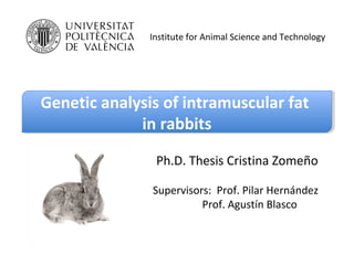 Ph.D. Thesis Cristina Zomeño
Supervisors: Prof. Pilar Hernández
Prof. Agustín Blasco
Institute for Animal Science and Technology
Genetic analysis of intramuscular fat
in rabbits
Genetic analysis of intramuscular fat
in rabbits
 