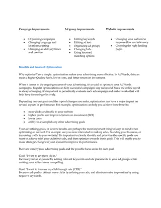 Campaign improvements                   Ad group improvements                Website improvements


    y   Organizing campaigns                y   Editing keywords                 y    Changing your website to
    y   Changing language and               y   Editing ad text                       improve flow and relevancy
        location targeting                  y   Organizing ad groups             y    Choosing the right landing
    y   Changing ad delivery times          y   Changing bids                         pages
        and position                        y   Using keyword
                                                matching options



Benefits and Goals of Optimization

Why optimize? Very simply, optimization makes your advertising more effective. In AdWords, this can
mean a higher Quality Score, lower costs, and better return on investment.

When it comes to the ongoing success of your advertising, it's crucial to optimize your AdWords
campaigns. Regular optimizations can help successful campaigns stay successful. Since the online world
is always changing, it's important to periodically evaluate each ad campaign and make tweaks that will
help keep it running effectively.

Depending on your goals and the type of changes you make, optimization can have a major impact on
several aspects of performance. For example, optimization can help you achieve these benefits:

    y   more clicks and traffic to your website
    y   higher profits and improved return on investment (ROI)
    y   lower costs
    y   ability to accomplish any other advertising goals

Your advertising goals, or desired results, are perhaps the most important thing to keep in mind when
optimizing an account. For example, are you more interested in making sales, branding your business, or
increasing traffic to your website? It's important to clearly identify and prioritize the specific goals you
want to achieve with your AdWords ads, and then optimize towards those goals. This will enable you to
make strategic changes to your account to improve its performance.

Here are some typical advertising goals and the possible focus areas for each goal:

Goal: I want to get more clicks.
Increase your ad exposure by adding relevant keywords and site placements to your ad groups while
making your ad text more compelling.

Goal: I want to increase my clickthrough rate (CTR).
Focus on ad quality. Attract more clicks by refining your ads, and eliminate extra impressions by using
negative keywords.
 