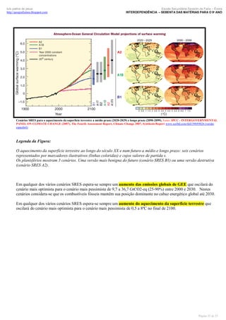 luís palma de jesus
http://geografismos.blogspot.com

Escola Secundária Severim de Faria – Évora
INTERDEPENDÊNCIA – SEBENTA DAS MATÉRIAS PARA O 9º ANO

Cenários SRES para o aquecimento da superfície terrestre a médio prazo (2020-2029) e longo prazo (2090-2099). Fonte: IPCC - INTERGOVERNMENTAL
PANEL ON CLIMATE CHANGE (2007). The Fourth Assessment Report, Climate Change 2007, Synthesis Report www.scribd.com/full/39695026 (versão
espanhol)

Legenda da Figura:
O aquecimento da superfície terrestre ao longo do século XX e num futuro a médio e longo prazo: seis cenários
representados por marcadores ilustrativos (linhas coloridas) e cujos valores de partida s.
Os planisférios mostram 3 cenários. Uma versão mais benigna do futuro (cenário SRES B1) ou uma versão destrutiva
(cenário SRES A2).

Em qualquer dos vários cenários SRES espera-se sempre um aumento das emissões globais de GEE que oscilará do
cenário mais optimista para o cenário mais pessimista de 9,7 a 36,7 GtCO2-eq (25-90%) entre 2000 e 2030. Nestes
cenários considera-se que os combustíveis fósseis mantêm sua posição dominante no cabaz energético global até 2030.
Em qualquer dos vários cenários SRES espera-se sempre um aumento do aquecimento da superfície terrestre que
oscilará do cenário mais optimista para o cenário mais pessimista de 0,5 a 8ºC no final de 2100.

Página 35 de 35

 