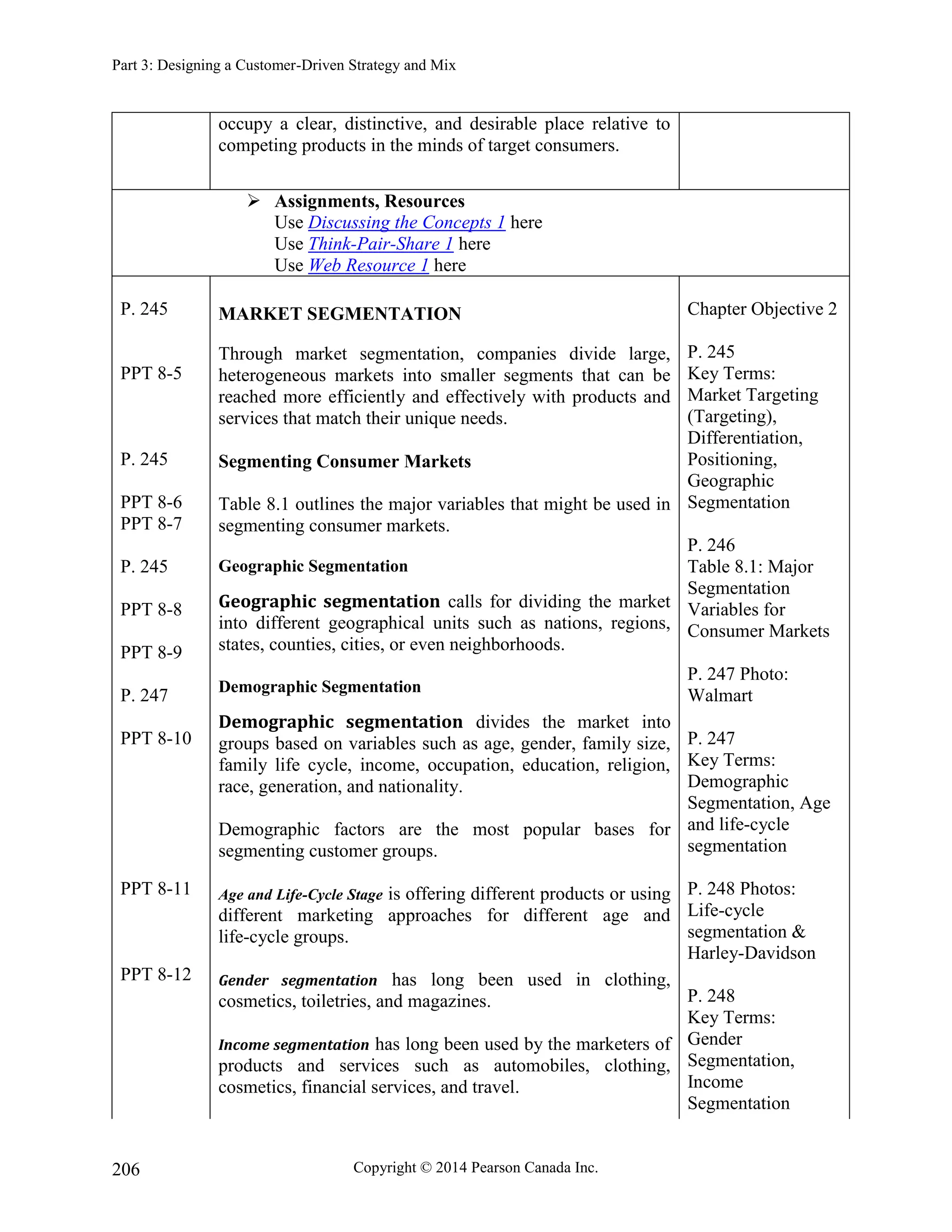 Part 3: Designing a Customer-Driven Strategy and Mix
Copyright © 2014 Pearson Canada Inc.
206
occupy a clear, distinctive, and desirable place relative to
competing products in the minds of target consumers.
 Assignments, Resources
Use Discussing the Concepts 1 here
Use Think-Pair-Share 1 here
Use Web Resource 1 here
P. 245
PPT 8-5
P. 245
PPT 8-6
PPT 8-7
P. 245
PPT 8-8
PPT 8-9
P. 247
PPT 8-10
PPT 8-11
PPT 8-12
MARKET SEGMENTATION
Through market segmentation, companies divide large,
heterogeneous markets into smaller segments that can be
reached more efficiently and effectively with products and
services that match their unique needs.
Segmenting Consumer Markets
Table 8.1 outlines the major variables that might be used in
segmenting consumer markets.
Geographic Segmentation
Geographic segmentation calls for dividing the market
into different geographical units such as nations, regions,
states, counties, cities, or even neighborhoods.
Demographic Segmentation
Demographic segmentation divides the market into
groups based on variables such as age, gender, family size,
family life cycle, income, occupation, education, religion,
race, generation, and nationality.
Demographic factors are the most popular bases for
segmenting customer groups.
Age and Life-Cycle Stage is offering different products or using
different marketing approaches for different age and
life-cycle groups.
Gender segmentation has long been used in clothing,
cosmetics, toiletries, and magazines.
Income segmentation has long been used by the marketers of
products and services such as automobiles, clothing,
cosmetics, financial services, and travel.
Chapter Objective 2
P. 245
Key Terms:
Market Targeting
(Targeting),
Differentiation,
Positioning,
Geographic
Segmentation
P. 246
Table 8.1: Major
Segmentation
Variables for
Consumer Markets
P. 247 Photo:
Walmart
P. 247
Key Terms:
Demographic
Segmentation, Age
and life-cycle
segmentation
P. 248 Photos:
Life-cycle
segmentation &
Harley-Davidson
P. 248
Key Terms:
Gender
Segmentation,
Income
Segmentation
 