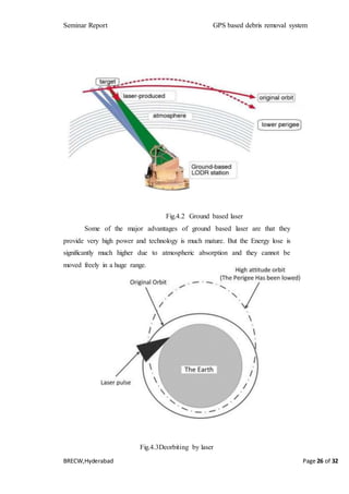 Seminar Report GPS based debris removal system
BRECW,Hyderabad Page 26 of 32
Fig.4.2 Ground based laser
Some of the major advantages of ground based laser are that they
provide very high power and technology is much mature. But the Energy lose is
significantly much higher due to atmospheric absorption and they cannot be
moved freely in a huge range.
Fig.4.3Deorbiting by laser
 