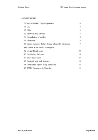 Seminar Report GPS based debris removal system
BRECW,Hyderabad Page 3 of 32
LIST OF FIGURES
2.1Tracked Orbital Debris Population 4
3.1 LEO 8
3.2 HEO 13
3.3 HEO with two satellites 13
3.4 Constellation of satellites 14
3.5 HEO orbit 14
4.1 Electro-Dynamic Tethers Create a Force by Interacting 17
with Plasma in the Earth’s Atmosphere
4.2 Ground Based Laser 20
4.3 De Orbiting By Laser 20
4.4 Space based Laser 23
4.5 Deployed solar sails in space 24
4.6 Orbit debris capture using a space net 24
4.7 TAMU Sweeper with Sling-Sat 25
 
