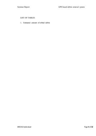 Seminar Report GPS based debris removal system
BRECW,Hyderabad Page 4 of 32
LIST OF TABLES
1. Estimated amount of orbital debris
 