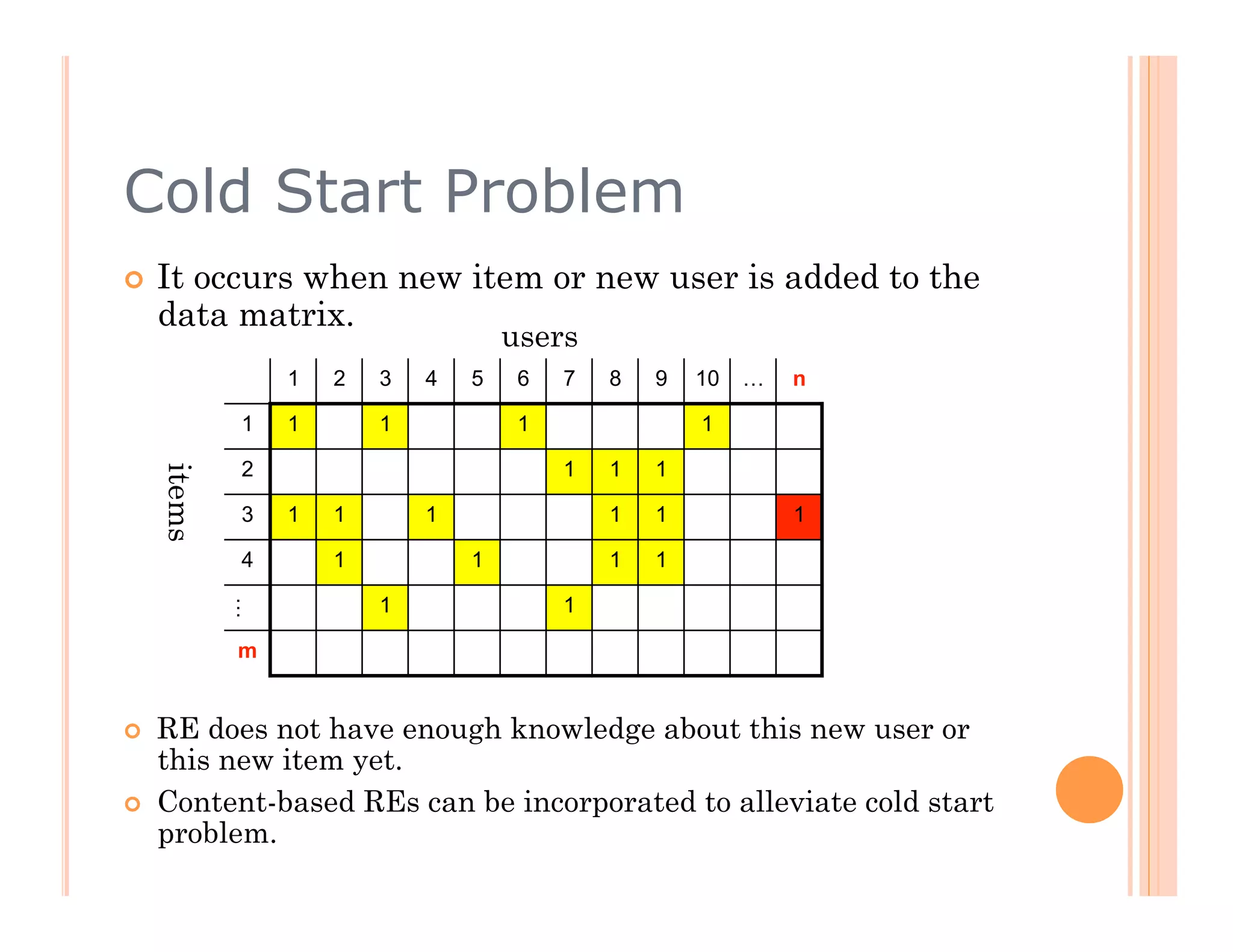 Cold Start Problem
    It occurs when new item or new user is added to the
     data matrix.
                                     users
                 1   2   3   4   5    6   7   8   9   10   …   n

             1   1       1            1               1

             2                            1   1   1
     items




             3   1   1       1                1   1            1

             4       1           1            1   1

                         1                1
             …




             m


    RE does not have enough knowledge about this new user or
     this new item yet.
    Content-based REs can be incorporated to alleviate cold start
     problem.
 