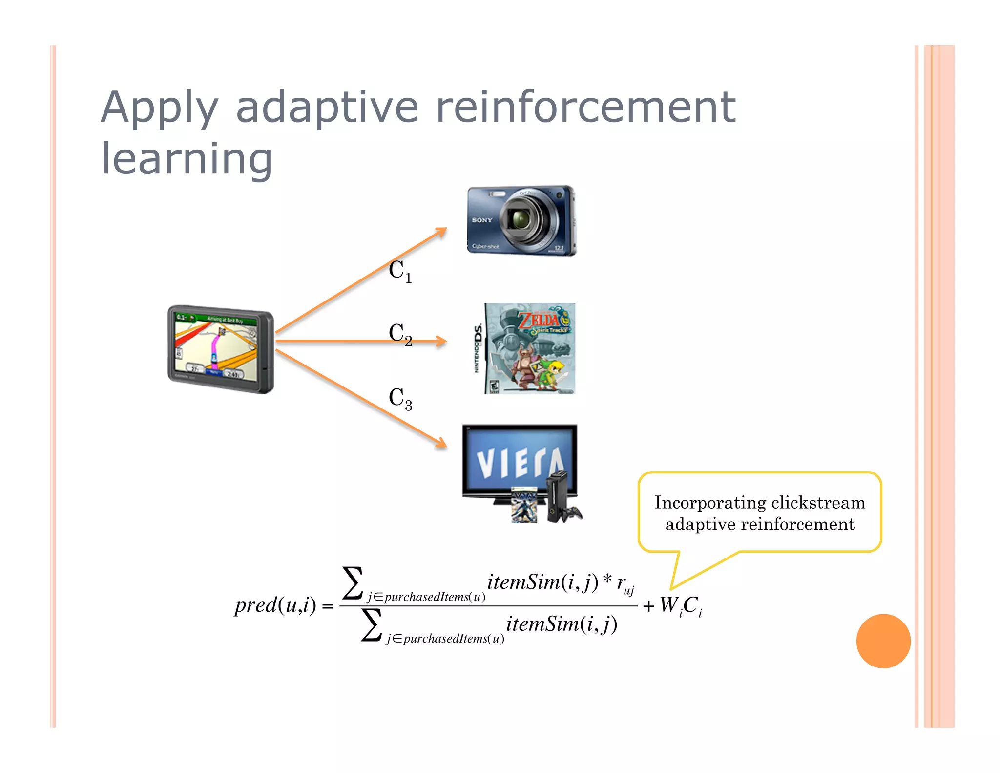 Apply adaptive reinforcement
learning

                      C1

                      C2

                      C3



                                                                Incorporating clickstream
                                                                 adaptive reinforcement


                 ∑
                 j ∈ purchasedItems(u)
                                         itemSim(i, j) * ruj
     pred(u,i) =                                               + W iC i
                  ∑   j ∈ purchasedItems(u)
                                              itemSim(i, j)



 €
 