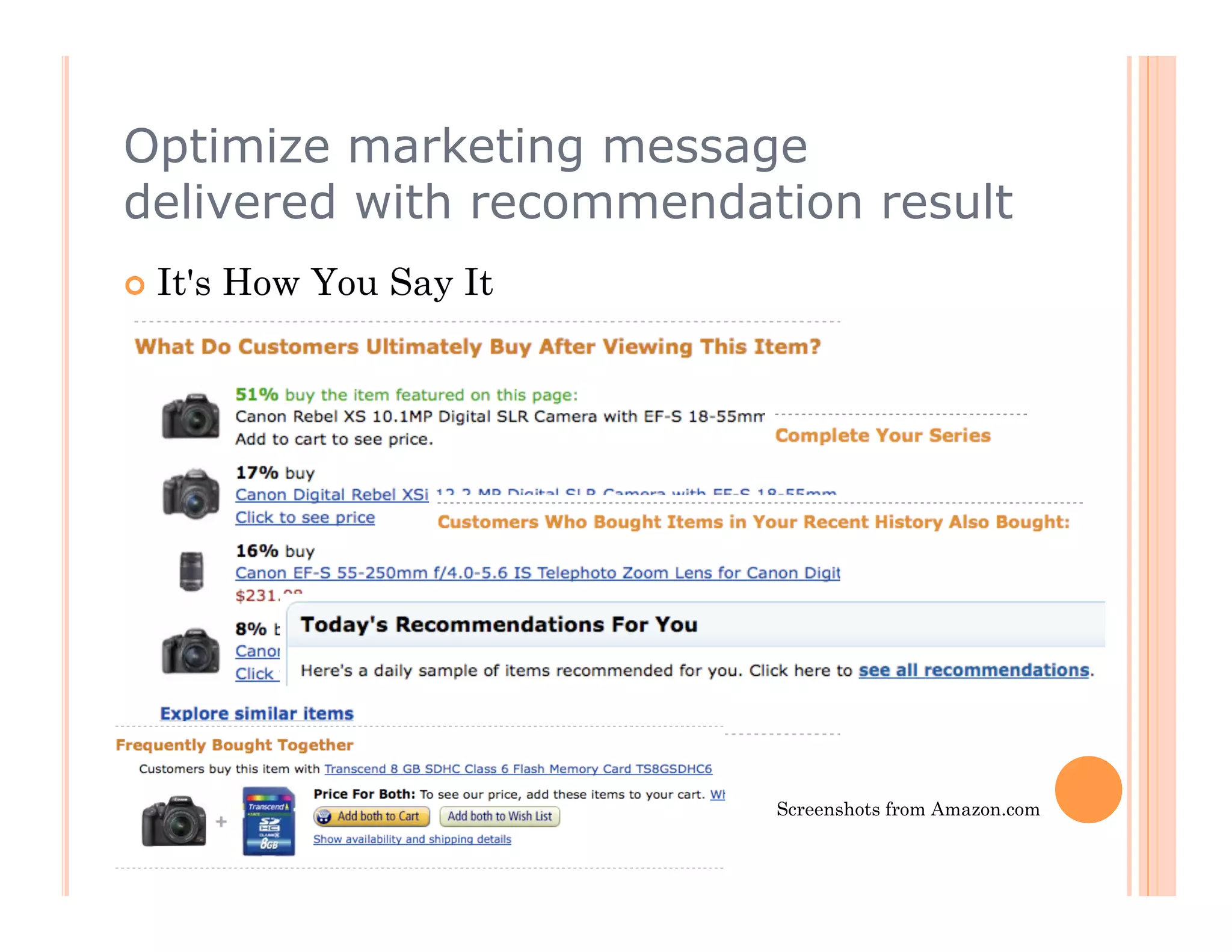 Optimize marketing message
delivered with recommendation result
  It's   How You Say It




                           Screenshots from Amazon.com
 