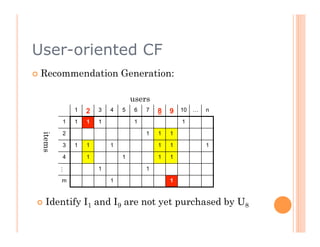 User-oriented CF
  Recommendation            Generation:

                                 users
             1   2   3   4   5    6   7   8   9   10   …   n

         1   1   1   1            1               1

         2                            1   1   1
 items




         3   1   1       1                1   1            1

         4       1           1            1   1

                     1                1
         …




         m               1                    1


  Identify I1       and I9 are not yet purchased by U8
 