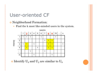 User-oriented CF
  Neighborhood             Formation:
         Find the k most like-minded users in the system.
                              users
                1   2   3   4   5   6   7   8   9   10   …   n

            1   1   1   1           1               1

            2                           1   1   1
  items




            3   1   1       1               1   1            1

            4       1           1           1   1

                        1               1
           …




            m               1                   1


   Identify        U9 and U2 are similar to U8
 
