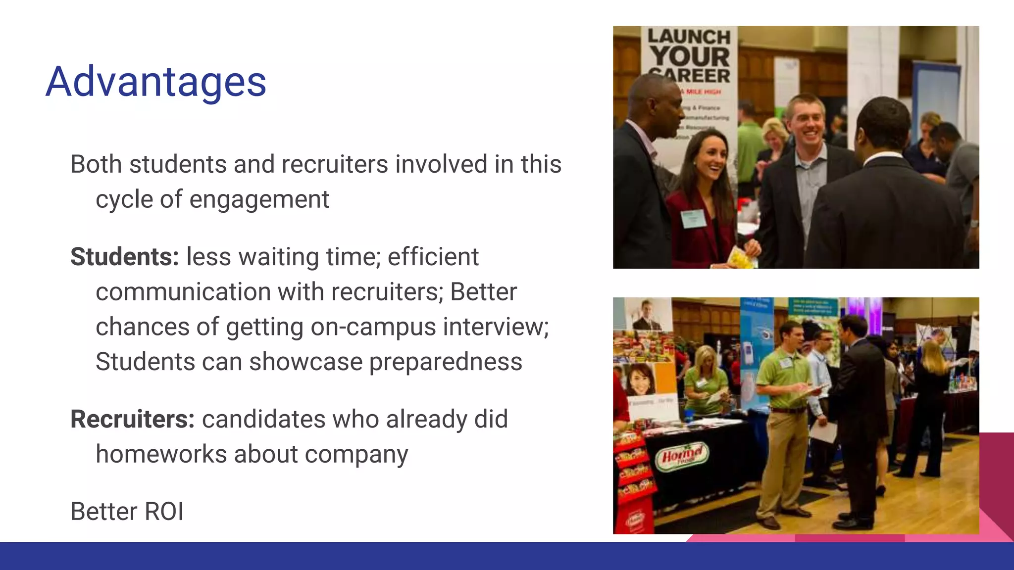 Advantages
Both students and recruiters involved in this
cycle of engagement
Students: less waiting time; efficient
communication with recruiters; Better
chances of getting on-campus interview;
Students can showcase preparedness
Recruiters: candidates who already did
homeworks about company
Better ROI
 