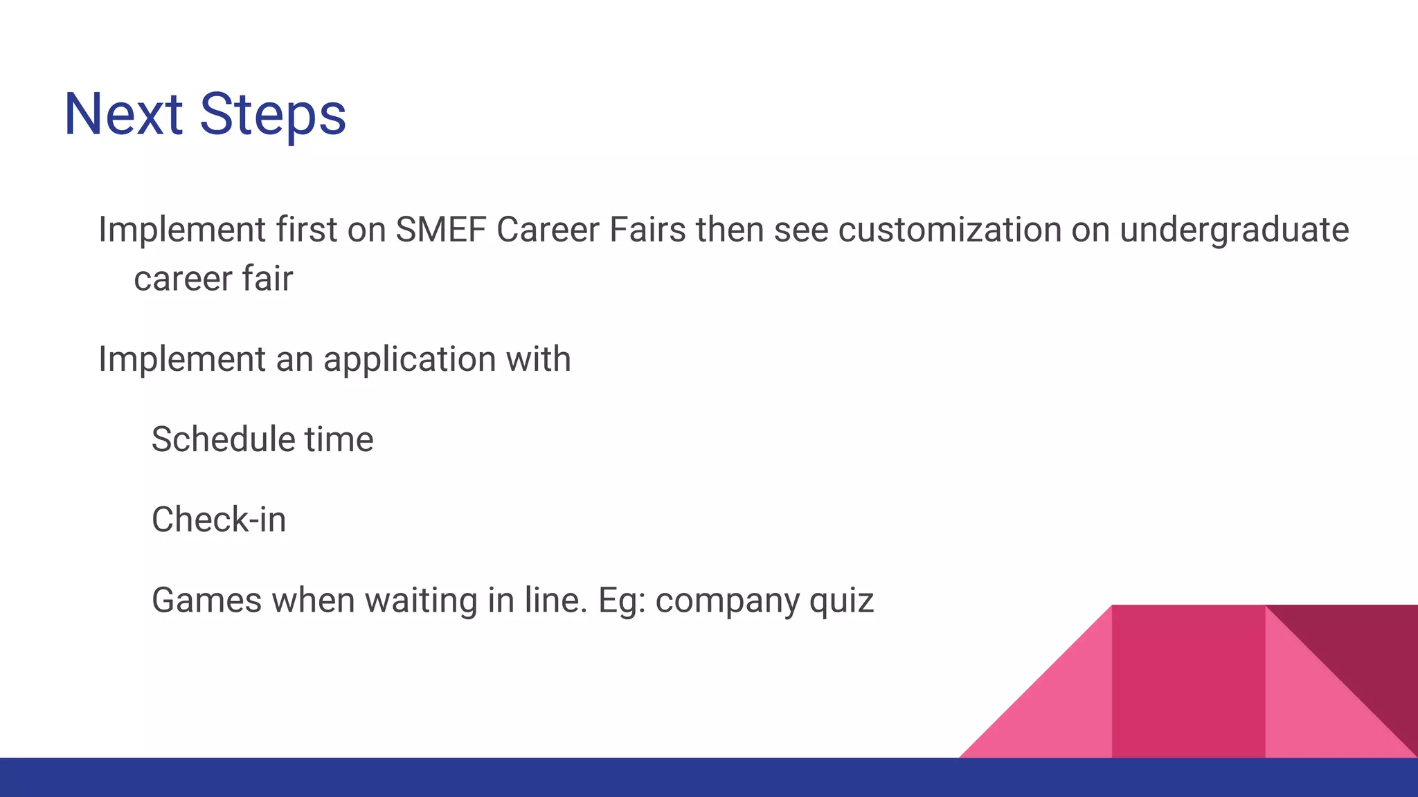 Next Steps
Implement first on SMEF Career Fairs then see customization on undergraduate
career fair
Implement an application with
Schedule time
Check-in
Games when waiting in line. Eg: company quiz
 