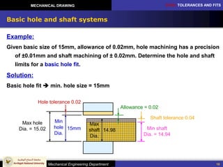 CH10: TOLERANCES AND FITS
Mechanical Engineering Department
MECHANICAL DRAWING
10
Basic hole and shaft systems
Example:
Given basic size of 15mm, allowance of 0.02mm, hole machining has a precision
of ±0.01mm and shaft machining of ± 0.02mm. Determine the hole and shaft
limits for a basic hole fit.
Solution:
Basic hole fit  min. hole size = 15mm
Min
hole
Dia.
Max hole
Dia. = 15.02
Hole tolerance 0.02
15mm
Allowance = 0.02
Max
shaft
Dia.
14.98 Min shaft
Dia. = 14.94
Shaft tolerance 0.04
 