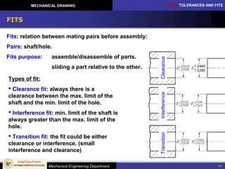 CH10: TOLERANCES AND FITS
Mechanical Engineering Department
MECHANICAL DRAWING
11
FITS
Fits: relation between mating pairs before assembly:
Pairs: shaft/hole.
Fits purpose: assemble/disassemble of parts.
sliding a part relative to the other.
Types of fit:
 Clearance fit: always there is a
clearance between the max. limit of the
shaft and the min. limit of the hole.
 Interference fit: min. limit of the shaft is
always greater than the max. limit of the
hole.
 Transition fit: the fit could be either
clearance or interference. (small
interference and clearance)
ClearanceInterferenceTransition
 
