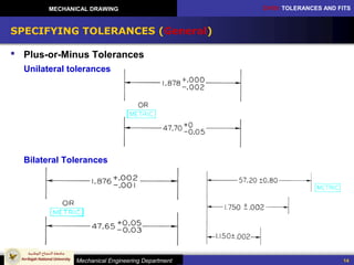 CH10: TOLERANCES AND FITS
Mechanical Engineering Department
MECHANICAL DRAWING
14
SPECIFYING TOLERANCES (General)
 Plus-or-Minus Tolerances
Unilateral tolerances
Bilateral Tolerances
 