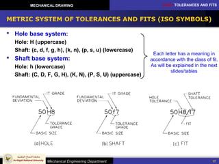 CH10: TOLERANCES AND FITS
Mechanical Engineering Department
MECHANICAL DRAWING
17
METRIC SYSTEM OF TOLERANCES AND FITS (ISO SYMBOLS)
 Hole base system:
Hole: H (uppercase)
Shaft: (c, d, f, g, h), (k, n), (p, s, u) (lowercase)
 Shaft base system:
Hole: h (lowercase)
Shaft: (C, D, F, G, H), (K, N), (P, S, U) (uppercase)
Each letter has a meaning in
accordance with the class of fit.
As will be explained in the next
slides/tables
 