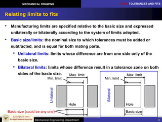CH10: TOLERANCES AND FITS
Mechanical Engineering Department
MECHANICAL DRAWING
8
Relating limits to fits
 Manufacturing limits are specified relative to the basic size and expressed
unilaterally or bilaterally according to the system of limits adopted.
 Basic size/limits: the nominal size to which tolerances must be added or
subtracted, and is equal for both mating parts.
 Unilateral limits: limits whose difference are from one side only of the
basic size.
 Bilateral limits: limits whose difference result in a tolerance zone on both
sides of the basic size.
Hole
Max. limit
Min. limit
Basic size
Bilateral
Hole
Max. limit
Min. limit
Basic size (could be any one)
Unilateral
 