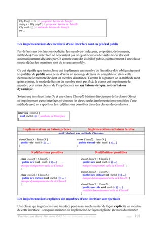 Obj.Prop1 = 'a' ; // propriété héritée de InterfA
 string s = Obj.prop2 ; // propriété héritée de InterfB
 Obj.meth1( ) ; // méthode héritée de InterfA
 etc ...



Les implémentations des membres d'une interface sont en général public

Par défaut sans déclaration explicite, les membres (indexeurs, propriétés, événements,
méthodes) d'une interface ne nécessitent pas de qualificateurs de visibilité car ils sont
automatiquement déclarés par C# comme étant de visibilité public, contrairement à une classe
ou par défaut les membres sont du niveau assembly.

Ce qui signifie que toute classe qui implémente un membre de l'interface doit obligatoirement
le qualifier de public sous peine d'avoir un message d'erreur du compilateur, dans cette
éventualité le membre devient un membre d'instance. Comme la signature de la méthode n'est
qu'un contrat, le mode de liaison du membre n'est pas fixé; la classe qui implémente le
membre peut alors choisir de l'implémenter soit en liaison statique, soit en liaison
dynamique.

Soient une interface IinterfA et une classe ClasseX héritant directement de la classe Object
et implémentant cette interface, ci-dessous les deux seules implémentations possibles d'une
méthode avec un rappel sur les redéfinitions possibles dans des classes descendantes :

interface IinterfA {
  void meth1 ( ); // méthode de l'interface
}


    Implémentation en liaison précoce                          Implémentation en liaison tardive
                                     meth1 devient une méthode d'instance

 class ClasseX : IinterfA {                           class ClasseX : IinterfA {
   public void meth1 ( ){ ... }                         public virtual void meth1 ( ){ ... }
 }                                                    }

            Redéfinitions possibles                                     Redéfinitions possibles
  class ClasseY : ClasseX {                               class ClasseY : ClasseX {
    public new void meth1 ( ){ ... }                       public new void meth1 ( ){ ... }
   masque statiquement celle de ClasseX                    masque statiquement celle de ClasseX }
  }
                                                          class ClasseZ : ClasseX {
  class ClasseZ : ClasseX {                                public new virtual void meth1 ( ){ ... }
    public new virtual void meth1 ( ){ ... }               masque dynamiquement celle de ClasseX }
   masque dynamiquement celle de ClasseX
  }                                                       class ClasseT : ClasseX {
                                                            public override void meth1 ( ){ ... }
                                                            redéfinit dynamiquement celle de ClasseX
                                                          }
Les implémentations explicites des membres d'une interface sont spéciales

Une classe qui implémente une interface peut aussi implémenter de façon explicite un membre
de cette interface. Lorsqu'un membre est implémenté de façon explicite (le nom du membre
Premier pas dans .Net avec C#2.0 - ( rév. 28.08.2006 )      - Rm di Scala                         page   191
 