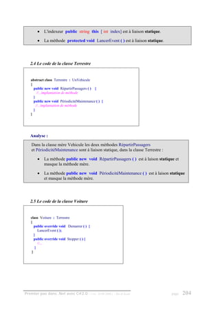 •   L'indexeur public string this [ int index] est à liaison statique.

       •   La méthode protected void LancerEvent ( ) est à liaison statique.




   2.4 Le code de la classe Terrestre


   abstract class Terrestre : UnVehicule
   {
     public new void RépartirPassagers ( ) {
        //...implantation de méthode
     }
     public new void PériodicitéMaintenance ( ) {
       //...implantation de méthode
     }
   }




   Analyse :

    Dans la classe mère Vehicule les deux méthodes RépartirPassagers
    et PériodicitéMaintenance sont à liaison statique, dans la classe Terrestre :

       •   La méthode public new void RépartirPassagers ( ) est à laison statique et
           masque la méthode mère.

       •   La méthode public new void PériodicitéMaintenance ( ) est à laison statique
           et masque la méthode mère.




   2.5 Le code de la classe Voiture


   class Voiture : Terrestre
   {
      public override void Demarrer ( ) {
         LancerEvent ( );
      }
      public override void Stopper ( ) {
         //...
       }
    }




Premier pas dans .Net avec C#2.0 - ( rév. 28.08.2006 )   - Rm di Scala              page   204
 