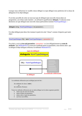 Lorsque nous utiliserons le vocable classe délégué ou type délégué nous parlerons de la classe de
délégation d’un objet délégué.


Il est donc possible de créer un nouveau type de délégué (une nouvelle classe) dans un
programme, ceci d'une seule manière : en utilisant le qualificateur delegate. Ci-dessous nous
déclarons un type délégué (une nouvelle classe particulière) nommé NomTypeDelegue :


delegate string NomTypeDelegue ( int parametre) ;


Un objet délégué peut donc être instancé à partir de cette "classe" comme n'importe quel autre
objet :


NomTypeDelegue Obj = new NomTypeDelegue ( <paramètre> )

Il ne doit y avoir qu'un seul paramètre <paramètre> et c'est obligatoirement un nom de
méthode. Soit MethodeXYZ le nom de la méthode passé en paramètre, nous dirons alors que
le délégué (l'objet délégué) référence la méthode MethodeXYZ .




    Les méthodes référencées par un délégué peuvent être :

        des méthodes de classe ( static )
               ou
        des méthodes d'instance

    Toutes les méthodes référencées par un même délégué ont la même signature partielle :
        • même type de retour du résultat,
        • même nombre de paramètres,
        • même ordre et type des paramètres,
        • seul leur nom diffère.




Premier pas dans .Net avec C#2.0 - ( rév. 28.08.2006 )       - Rm di Scala                  page   214
 