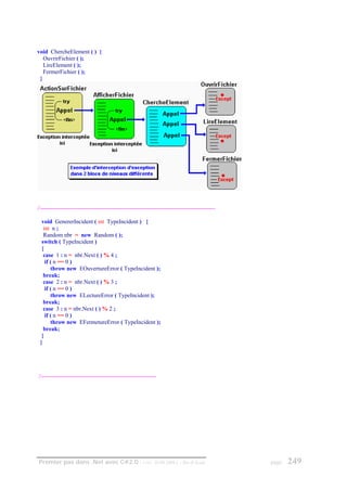 void ChercheElement ( ) {
   OuvrirFichier ( );
   LireElement ( );
   FermerFichier ( );
 }




//------------------------------------------------------------------------------------------

  void GenererIncident ( int TypeIncident ) {
   int n ;
   Random nbr = new Random ( );
  switch ( TypeIncident )
  {
   case 1 : n = nbr.Next ( ) % 4 ;
    if ( n == 0 )
       throw new EOuvertureError ( TypeIncident );
   break;
   case 2 : n = nbr.Next ( ) % 3 ;
    if ( n == 0 )
       throw new ELectureError ( TypeIncident );
   break;
   case 3 : n = nbr.Next ( ) % 2 ;
    if ( n == 0 )
       throw new EFermetureError ( TypeIncident );
   break;
  }
 }




//-----------------------------------------------------------




Premier pas dans .Net avec C#2.0 - ( rév. 28.08.2006 )                   - Rm di Scala         page   249
 