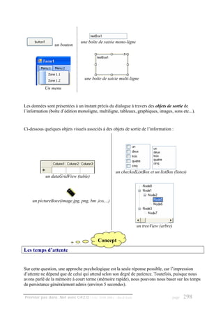 une boîte de saisie mono-ligne
                 un bouton




                                    une boîte de saisie multi-ligne

            Un menu


Les données sont présentées à un instant précis du dialogue à travers des objets de sortie de
l’information (boîte d’édition monoligne, multiligne, tableaux, graphiques, images, sons etc...).


Ci-dessous quelques objets visuels associés à des objets de sortie de l’information :




                                                         un checkedListBox et un listBox (listes)
            un dataGridView (table)




    un pictureBoxe(image jpg, png, bm ,ico,...)




                                                                         un treeView (arbre)


                                            Concept
Les temps d’attente


Sur cette question, une approche psychologique est la seule réponse possible, car l’impression
d’attente ne dépend que de celui qui attend selon son degré de patience. Toutefois, puisque nous
avons parlé de la mémoire à court terme (mémoire rapide), nous pouvons nous baser sur les temps
de persistance généralement admis (environ 5 secondes).

Premier pas dans .Net avec C#2.0 - ( rév. 28.08.2006 )   - Rm di Scala                         page   298
 