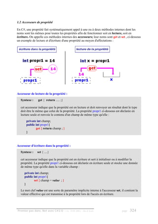 1.2 Accesseurs de propriété

En C#, une propriété fait systématiquement appel à une ou à deux méthodes internes dont les
noms sont les mêmes pour toutes les propriétés afin de fonctionner soit en lecture, soit en
écriture. On appelle ces méthodes internes des accesseurs; leur noms sont get et set , ci-dessous
un exemple de lecture et d'écriture d'une propriété au moyen d'affectations :




Accesseur de lecture de la propriété :
  Syntaxe :      get { return ..... ;}

  cet accesseur indique que la propriété est en lecture et doit renvoyer un résultat dont le type
  doit être le même que celui de la propriété. La propriété propr1 ci-dessous est déclarée en
  lecture seule et renvoie le contenu d'un champ de même type qu'elle :
       private int champ;
       public int propr1{
              get { return champ ; }
       }



Accesseur d'écriture dans la propriété :
  Syntaxe :     set { ....}

  cet accesseur indique que la propriété est en écriture et sert à initialiser ou à modifier la
  propriété. La propriété propr1 ci-dessous est déclarée en écriture seule et stocke une donnée
  de même type qu'elle dans la variable champ :
     private int champ;
     public int propr1{
            set { champ = value ; }
     }
  Le mot clef value est une sorte de paramètre implicite interne à l'accesseur set, il contient la
  valeur effective qui est transmise à la propriété lors de l'accès en écriture.




Premier pas dans .Net avec C#2.0 - ( rév. 28.08.2006 )   - Rm di Scala               page   324
 