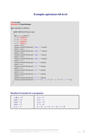 Exemples opérateurs bit level

using System;
namespace CsAlgorithmique
{
class AppliOperat_BitBoole
 {
      static void Main(String[ ] args)
      {
        int x, y, z ,t, calcul=0 ;
        x = 4; // 00000100
        y = -5; // 11111011
        z = 3; // 00000011
        t = 7; // 00000111
        calcul = x & y ;
        System.Console.WriteLine(" x & y = "+calcul);
        calcul = x & z ;
        System.Console.WriteLine(" x & z = "+calcul);
        calcul = x & t ;
        System.Console.WriteLine(" x & t = "+calcul);
        calcul = y & z ;
        System.Console.WriteLine(" y & z = "+calcul);
        calcul = x | y ;
        System.Console.WriteLine(" x | y = "+calcul);
        calcul = x | z ;
        System.Console.WriteLine(" x | z = "+calcul);
        calcul = x | t ;
        System.Console.WriteLine(" x | t = "+calcul);
        calcul = y | z ;
        System.Console.WriteLine(" y | z = "+calcul);
        calcul = z ^ t ;
        System.Console.WriteLine(" z ^ t = "+calcul);
        System.Console.WriteLine(" ~x = "+~x+", ~y = "+~y+", ~z = "+~z+", ~t = "+~t);
     }
   }
}



Résultats d'exécution de ce progamme :

     x&y =0                         x|z =7
    x&z =0                          x|t =7
    x&t =4                          y | z = -5
    y&z =3                          z^t =4
    x | y = -1                     ~x = -5, ~y = 4, ~z = -4, ~t = -8




Premier pas dans .Net avec C#2.0 - ( rév. 28.08.2006 )   - Rm di Scala                  page   32
 